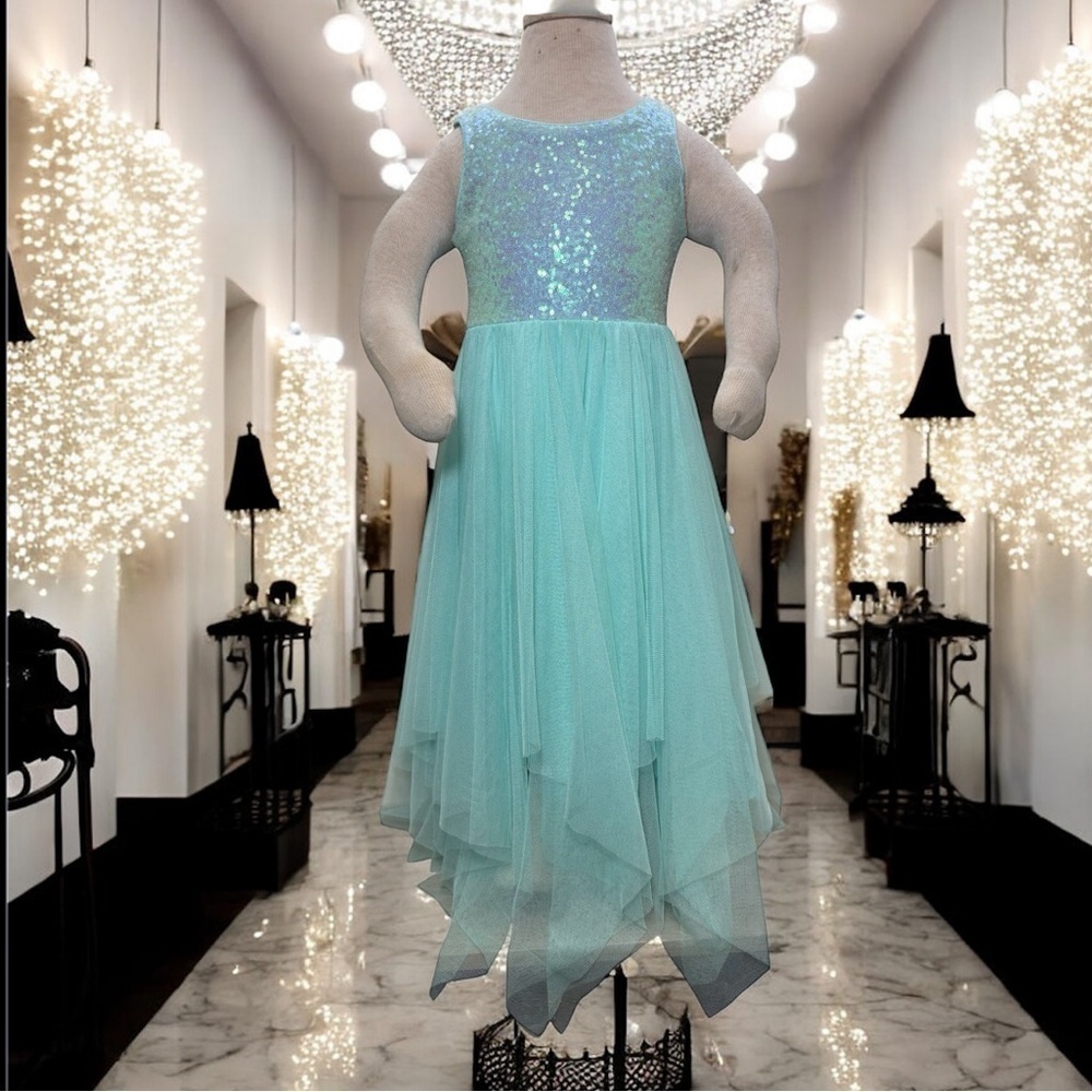 Cat & Jack Girls Mint Iridescent Sequin Tulle Fairy Hem Sleeveless Dress Sz 5